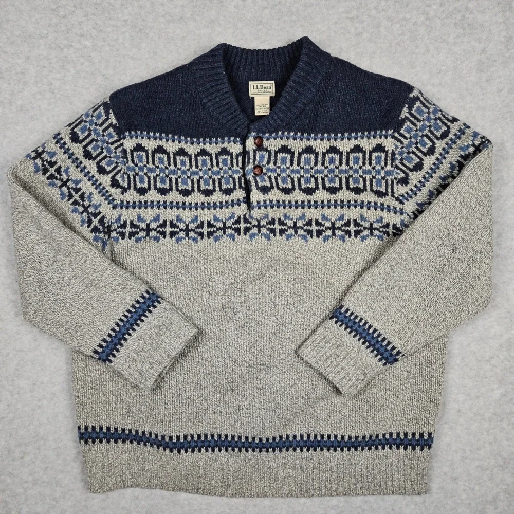 LL Bean (Men's XXL) Gray Blue Knit Sweater Fair Isle Lambswool Nordic Pullover